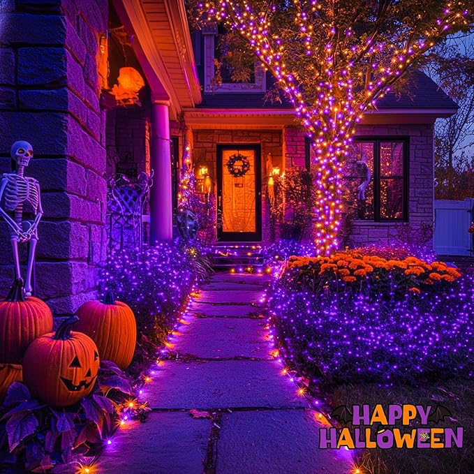 JMEXSUSS Orange and Purple Solar Halloween Lights, 2 Pack Total 400 LED Solar String Lights Outdoor Waterproof, 8 Modes Halloween Lights for Outside Halloween Tree Decorations