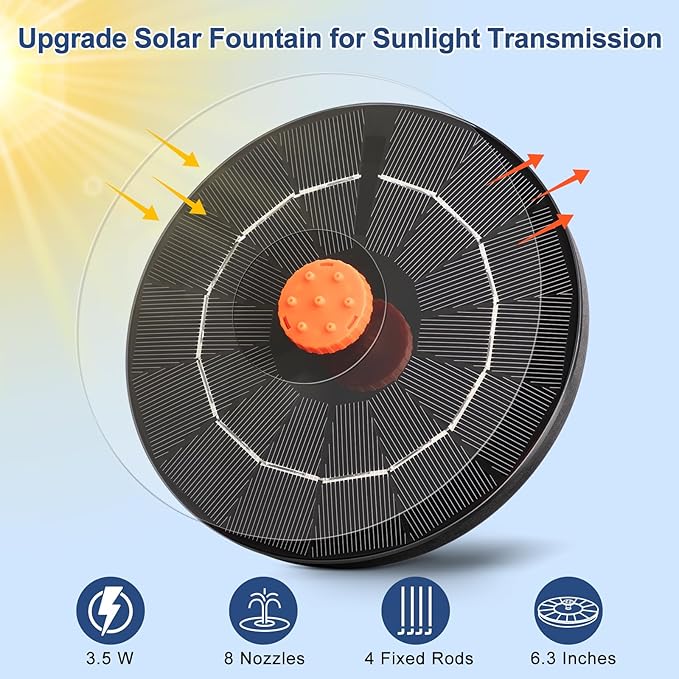 3.5W Solar Fountain, Upgrade Solar Bird Bath Fountains, Water Fountain Outdoor with 4 Fixed Rods & 8 Orange Nozzles, Solar Fountain Pump for Pond, Patio,Outdoor, Garden, Pool