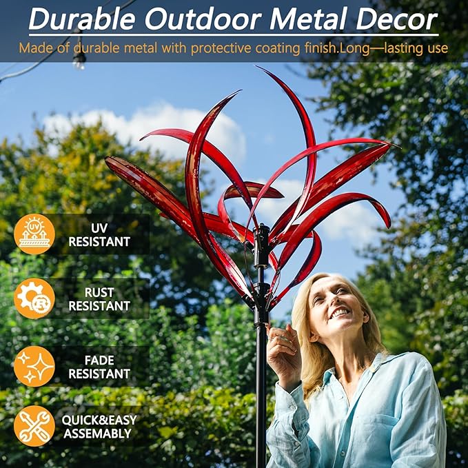 82 inch Wind Spinners Outdoor - Extra Large Metal Wind Sculptures & Spinner with Stake, Big Clearance Windmills for The Yard and Garden, Tall Yard Art Decor-Burgundy Red