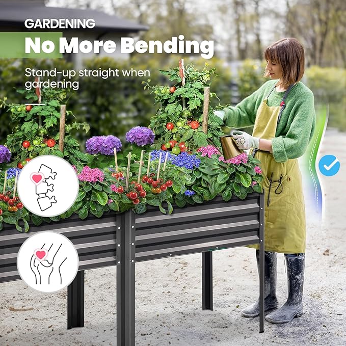 KING BIRD Raised Garden Bed with Irrigation System and Legs Galvanized Elevated Planter Box for Backyard, Patio, Balcony, 600lb Capacity, 70.9x22.8x31.5 in Dark Grey