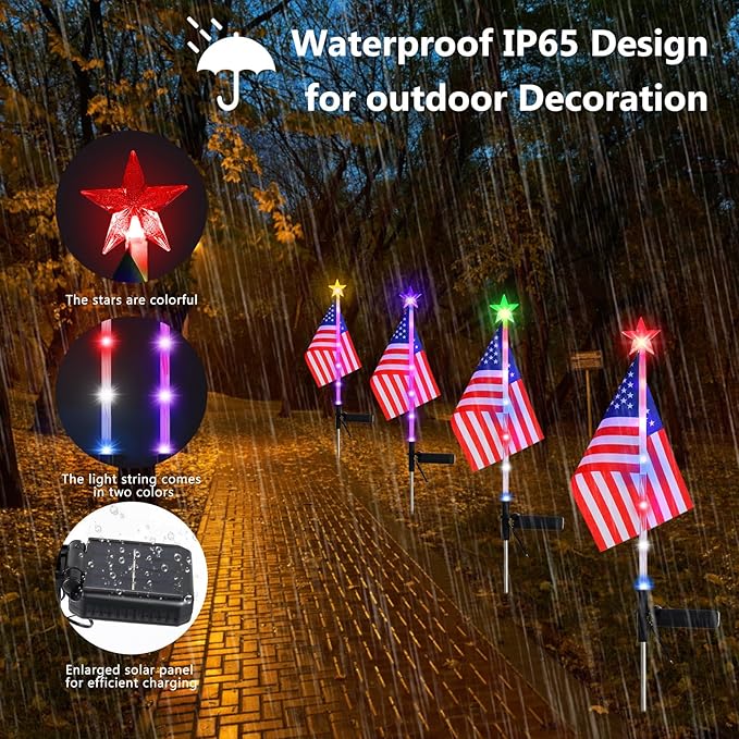 July 4th Decorative Solar American Flag Lights July 4th Solar Patriotic Flag Lights, 2 Modes Garden Pile Lights LED Landscape Lights Street Lights (Color Change), XY-T001