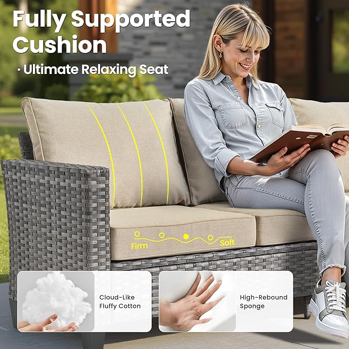 ovios 7 Pieces Patio Furniture Set with 54" Fire Pit Table, Outdoor Wicker Sofa with Comfy Cushions, All Weather High Back Rattan Couch Conversation Set, Beige