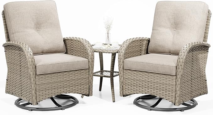 Joyside Outdoor Swivel Rocker Chairs, 3 Piece Wicker Patio Set with Thick Cushion and Side Table, Rattan Patio Swivel Rocking Chairs for Porch, Deck Use (Natural/Beige, 3 PCS)