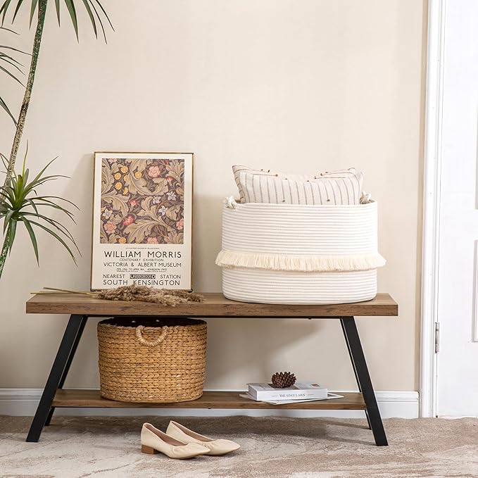 KAKAMAY Large Blanket Basket (20"x13"),Woven Baskets for storage Baby Laundry Hamper, Cotton Rope Blanket Basket for Living Room, Laundry, Nursery, Pillows, Baby Toy chest (White)