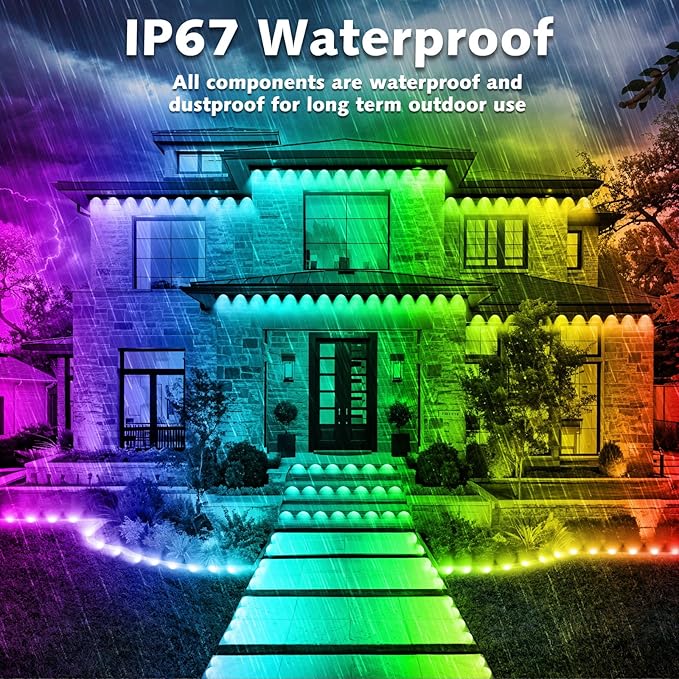 500FT Permanent Outdoor RGB Lights,IP67 Waterproof Smart LED Eaves Lights with App/Remote Control,for Christmas and All Holiday Decor,Daily and Accent Lighting,House Roof and Garden Lighting