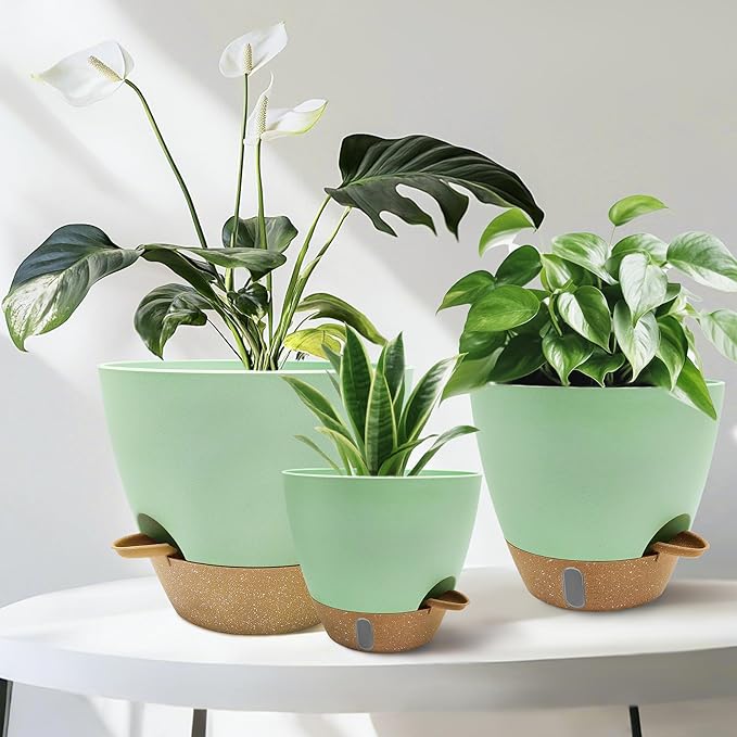 12/10/9/8 inch Self Watering Pots with Visual Water Window, Extra Large Self Watering Plant Pot with Drainage Holes and Saucers, Green Flower Pots for Indoor Plants