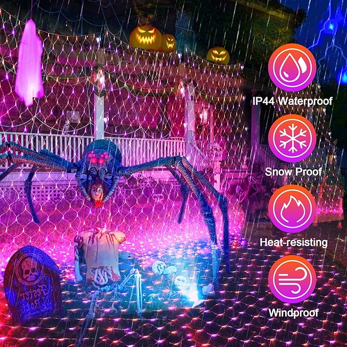 JXLEDAYY 200 LED Halloween Net Lights Outdoor Waterproof 3M*2M Mesh Lights Fairy String Lights Plug in with Timer 8 Modes for Bush Window Fence Garden Yard Roof Wall Decor-Purple and Orange