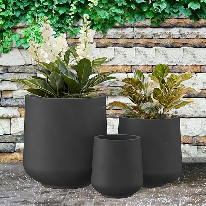 Kante 15.3"+11.6"+8.2" Dia Round Concrete Planter, Large Outdoor Indoor Planter Pots with Drainage Holes and Rubber Plug for Home Garden Patio, Black