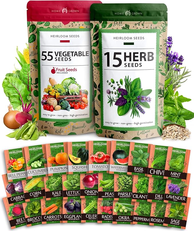Home Grown 32,000+ Heirloom Seeds for Planting Vegetables and Herbs Bundle: 70 Unique Varieties - 100% Non-GMO Survival Seeds for Planting Indoor or Outdoors