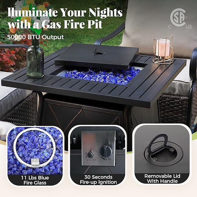 Patio Furniture Set with Fire Pit Table, 5 Pcs Metal Outdoor Conversation Set, 4 Rocking Chairs with 5.75" Extra Thick Cushion and 28" Fire Pit Table for Backyard Deck, Blue