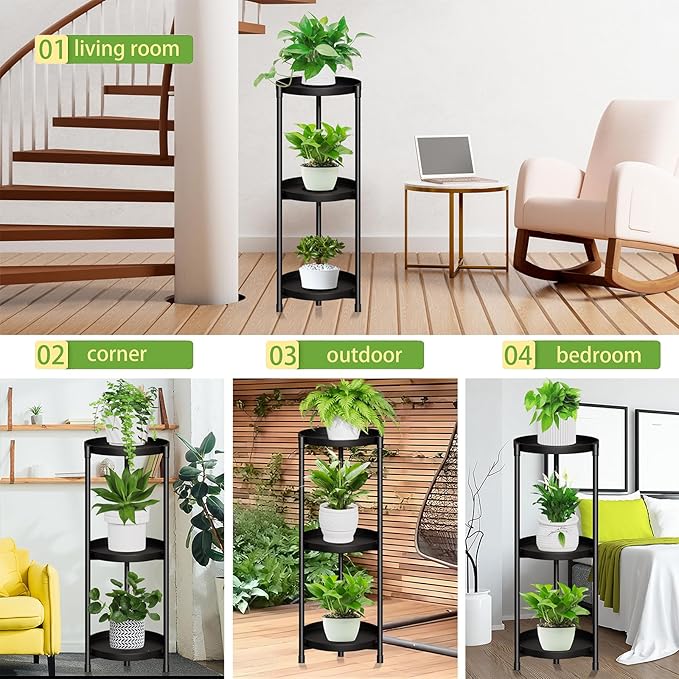 3 Tier Plant Stand Indoor Outdoor - 34'' Extra-Tall Metal Plant Stands for Potted Plants Multiple Tiered Plant Shelf Vertical Black Iron Planter Rack Large Flower Pot Holder Table for Patio Corner