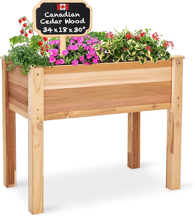 Jumbl, Cedar Raised Garden Bed, Elevated Wood Planter for Growing Fresh Herbs, Vegetables, Flowers, Succulents - 34x18x30”