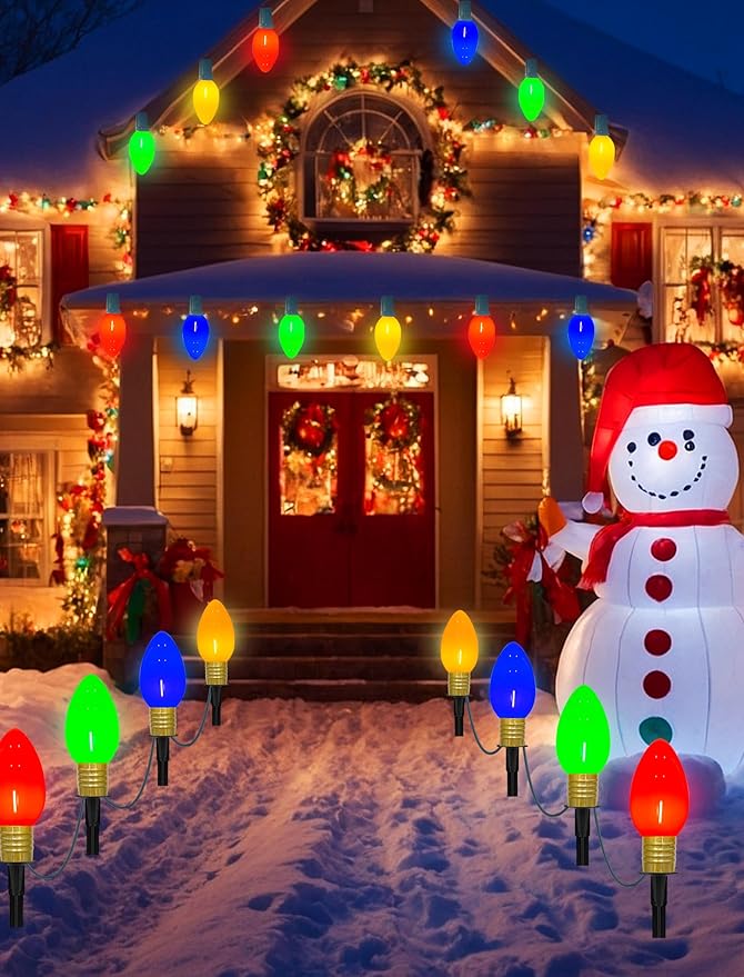 Jumbo C9 Christmas Pathway Lights Outdoor, 2Pk Total 14Ft Outdoor Christmas Decorations with 8 LED Jumbo C9 Multicolor Light Bulbs Christmas Walkway Lights for Lawn Holiday Yard Garden Sidewalk Decor