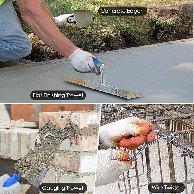 10PCS Concrete Trowel Set, Masonry Hand Tool Set Includes Large Flat Finishing and Pool Trowel, Wood Float, Concrete Edger and Groover, Margin Gauging, Wire Twister, Gloves & Carry Bag