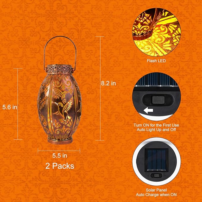 Hummingbird Lantern 2 Pack Solar Lanterns Outdoor Hanging Solar Lights, Upgraded Metal Garden Lanterns - Waterproof LED Decorative Light for Garden Patio Yard Gifts for Mom Grandma Women