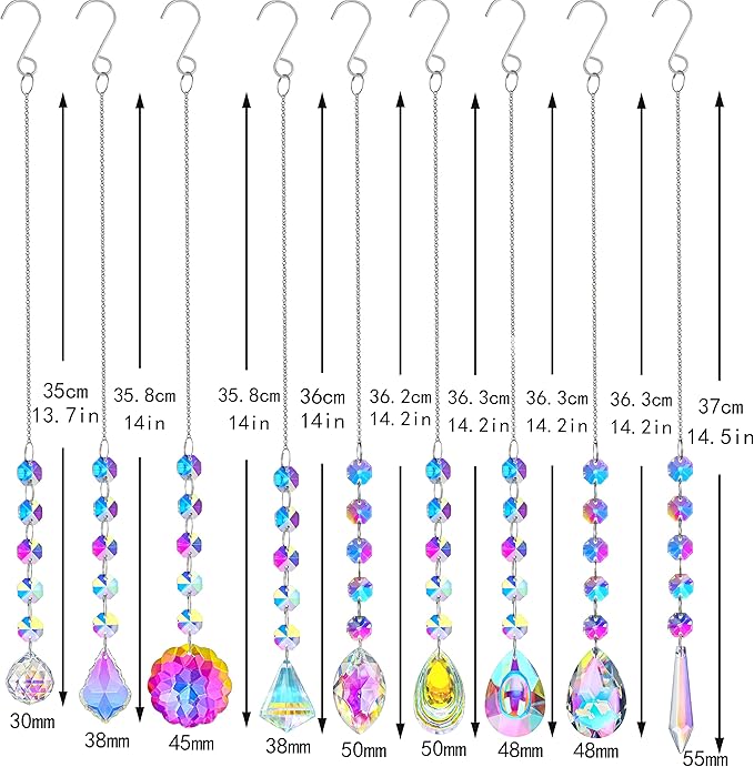 KANPURA 9 PCS Crystal Rainbow Suncatchers, Hanging Crystals Sun Catchers with Chain for Windows, Colorful Suncatcher Prism Pendant Hanging Crystals for Home Wedding Decor