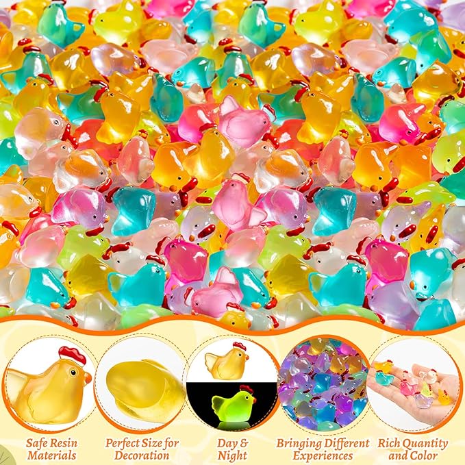 64PCS Luminous Mini Chicken Figurines Resin Miniature Animals, 8 Colors Tiny Chickens Miniature Glow in The Dark for Dollhouse, Micro Landscape, DIY, Home Outdoor Party Decor