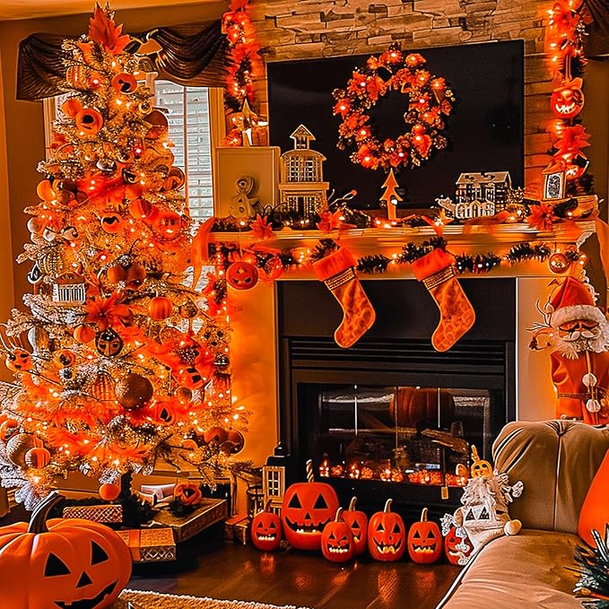 JMEXSUSS 66ft 200 LED Thanksgiving Lights Outdoor, Orange String Lights Indoor Clear Wire, 8 Modes Orange Christmas Lights Plug in for Fall Autumn Harvest Tree Garden Patio Thanksgiving Decorations