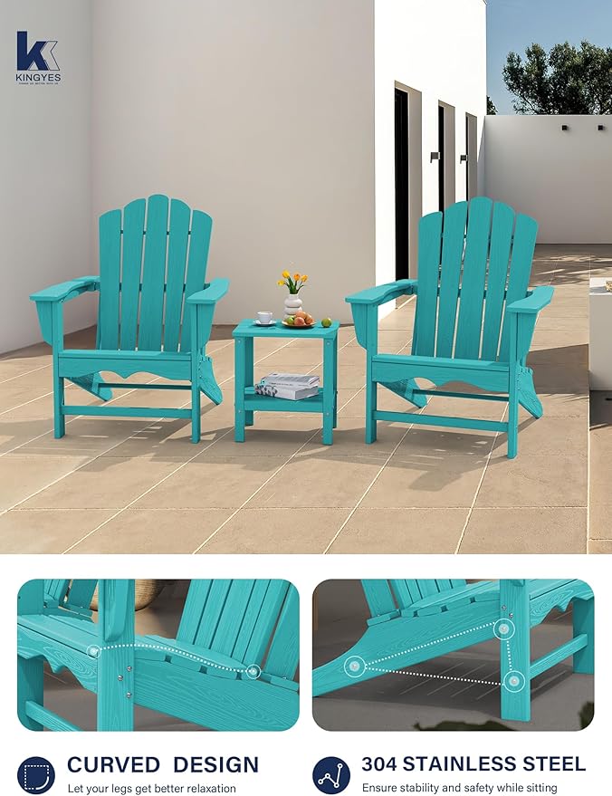 KINGYES HDPE Adirondack Chair, Classic for Patio Garden, Fire Pit, Backyard & Lawn Furniture, Easy Maintenance All Weather Adult Size Adirondack Chair, Crystal Blue