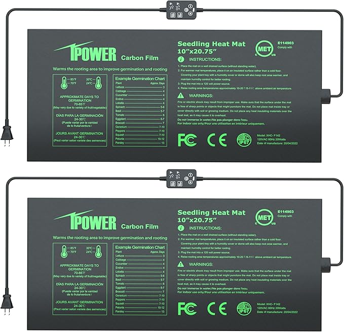iPower 2-Pack Seedling Heat Mat for Plants with Dual Digital Temperature Controller, MET Certified Heating Pad, 10" x 20.75", Black