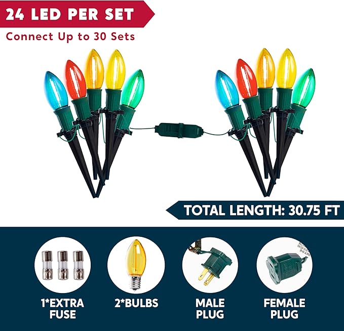 Joiedomi 30.75FT C9 Christmas Pathway Stake Lights, 24 LED Jumbo Bulbs Outdoor Walkway Green Wire Connectable Multicolor Decor for Holiday Commercial Xmas Yard Garden Lawn