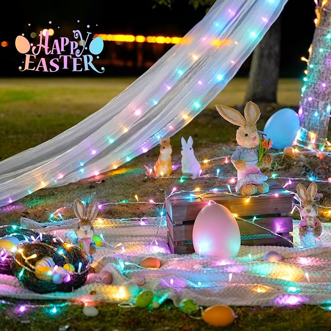 JMEXSUSS 33ft 100 LED Easter Lights for Indoor Outdoor Use, 8 Modes Connectable Easter String Lights Plug-in, Clear Wire Colorful Christmas String Lights Outdoor Waterproof