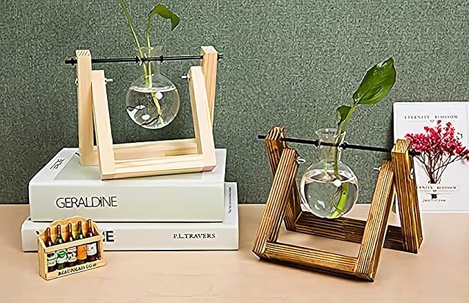 Kingbuy Plant Propagation Station Air Plant Terrarium Bulb Vase with Wooden Swivel Holder Desktop Glass Planter for Indoor Water Plants Home Office Tabletop Decor - 1 Bulb Vase