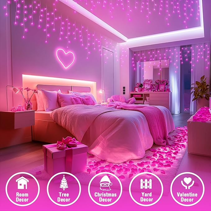 JMEXSUSS 400 LED Pink Valentine Lights, Connectable Pink Christmas Lights Indoor Outdoor with Remote, Pink Icicle String Lights for Room Fireplace Decorations