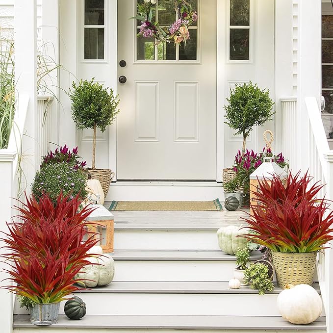 16Pcs Artificial Grass Fake Plants 17.3in Outdoor Plants UV Resistant Greenery Stems Fake Grass for Home Window Garden Office Patio Pathway Front Porch Décor Light Green & Red