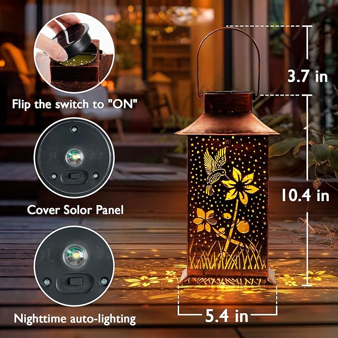 Homemory Hummingbird Solar Lanterns Waterproof, Metal Hanging Hollowed-Out Metal Decor Lantern, LED Outdoor Decoration for Outside LED Lanternse for Yard, Backyard, Porch, Lawn