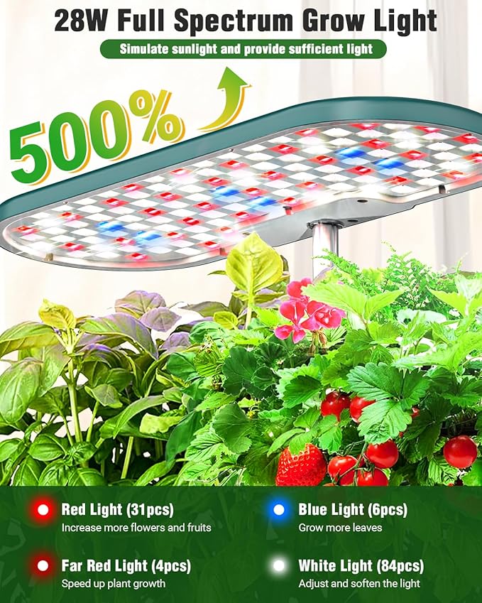 Hydroponics Growing System Kit, 16 Pods Indoor Garden with 28W Full Spectrum LED Grow Light, Auto Timer, 3 Smart Light Modes, 8L Large Herb Garden, Ideal Gardening Gift for Women, Men (Green)