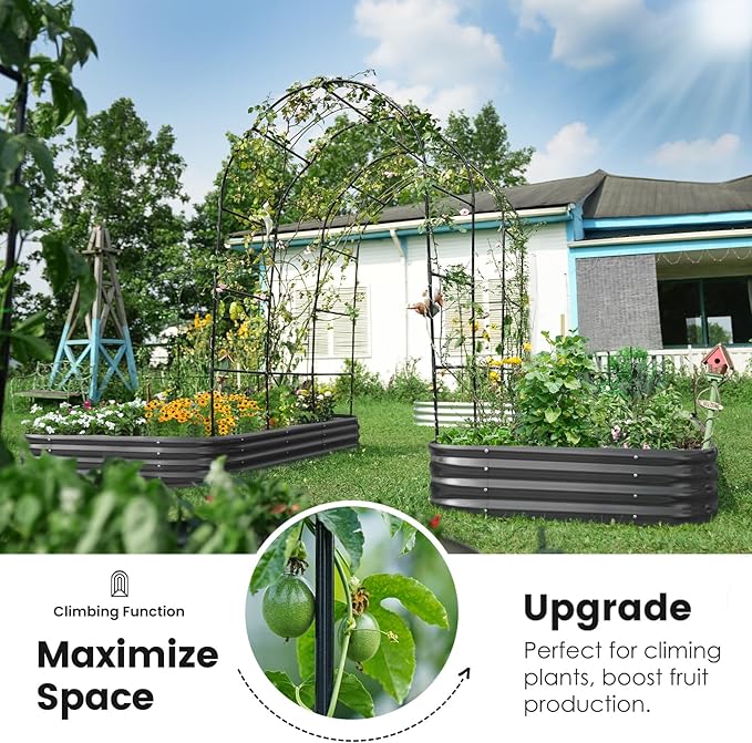 KING BIRD Raised Garden Bed with Arched Trellis Galvanized Planter Garden Box Outdoor for Gardening, Climbing Vegetables, Flowers 7.87x3.94x0.98 Ft 2PCS, Dark Grey