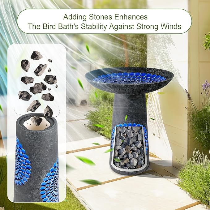 21.5'' Tall Ceramic Bird Bath for Outdoor, Heavy Duty - Cold-Weather Resistant Bird Bath, Garden and Patio Décor - Diamond Blue