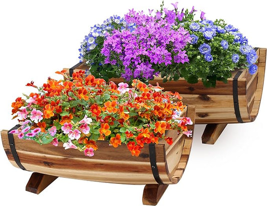 IDZO Solid Acacia Wood Half Barrel Planters Outdoor Set of 2 Different Sizes, Wooden Planters for Outdoor Plants with Metal Bands & Drainage Holes, Legs Included, Natural