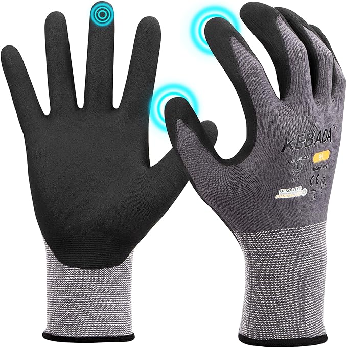 Kebada W2 Safety Work Gloves, Micro-Foam Nitrile Coated Gloves, Touchscreen,Ideal for Package Handling, Gardening, Construction, 1 Pair X-Small