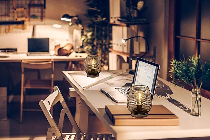 2 Pack Battery Operated Lamp Outdoor Table Lantern,Metal Cage Cordless Lamps with LED Bulb for Weddings Parties Patio Events Indoor Outdoor Patio Bedroom Living Room(Bronze)