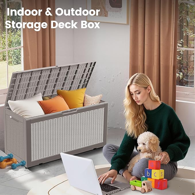 100 Gallon Storage Box, Waterproof Resin Deck Box with Hydraulic Piston Design, Lockable Storage Bench for Package Delivery, Storage Bin for Patio Cushions, Garden Tools, Grey