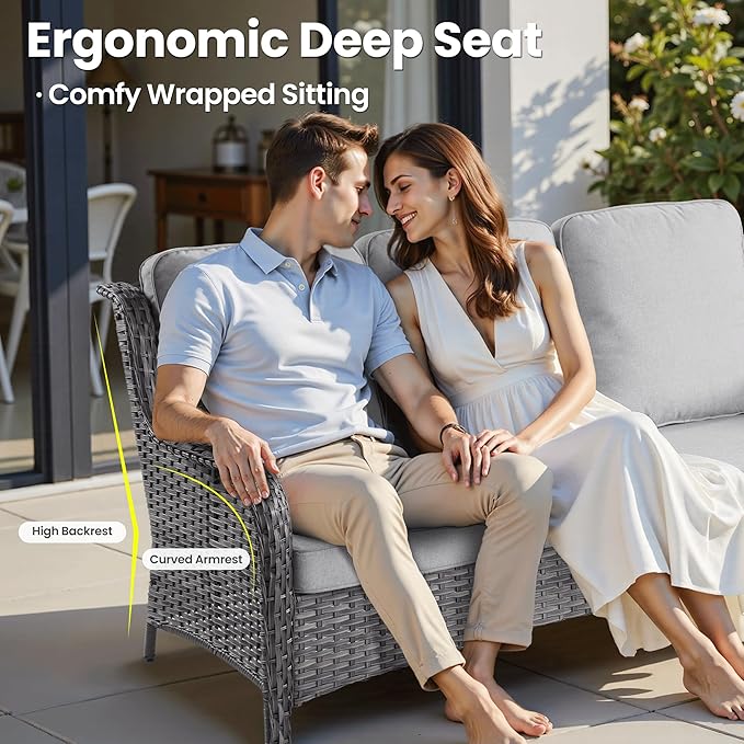 ovios 5 Pieces Patio Furniture Set with 42" Fire Pit Table, Outdoor Wicker Sofa with Loveseat, Comfy Cushions, High Back Couch Conversation Set, Grey Rattan, Grey