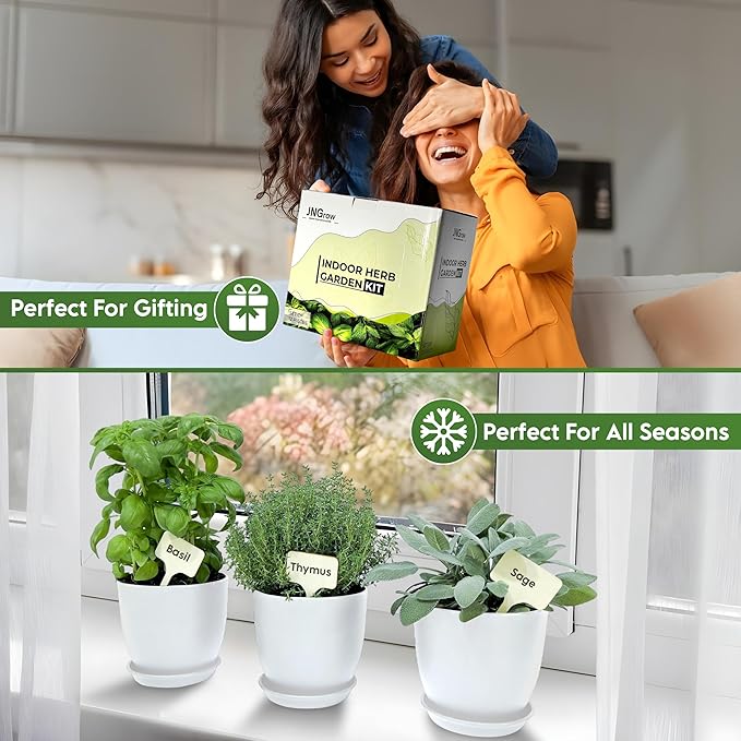 Indoor Garden Kit - Plant Pots with Drainage, Watering Can & Tools - Ideal Windowsill Planter Set - Modern Home & Kitchen Decor Gift - White