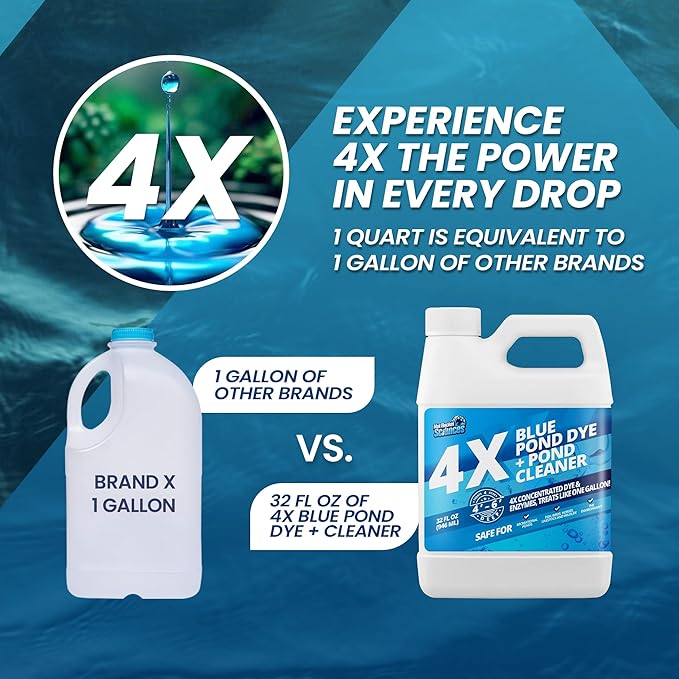 32oz 4X Blue Pond Dye + Pond Cleaner, Blue Dye for Ponds and Lakes, 2-in-1 Lake Colorant + Enzymes, Makes Murky Water Clean & Beautiful, Keeps The Water Cool, Clear, and Ideal for Fish & Wildlife