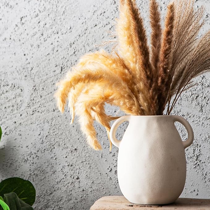 Kimdio White Ceramic Vase with 2 Handles – Sand-Glazed Clay Pottery Vase for Dried Flowers, Rustic Modern Table Decor, Farmhouse Boho Shelf Decoration