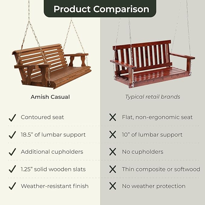 Amish Casual 6 Foot Roll Back Porch Swing with Cup Holders in Oak Stain - Amish Made in The USA from Treated Pine Heavy Duty 700 Lb. Weight Capacity