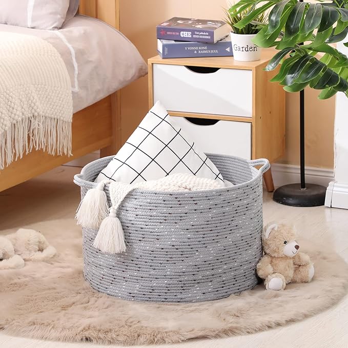 KAKAMAY Large Blanket Basket (20"x13"),Woven Baskets for storage Baby Laundry Hamper, Cotton Rope Blanket Basket for Living Room, Laundry, Nursery, Pillows, Grey with Blue & Brown Dotted