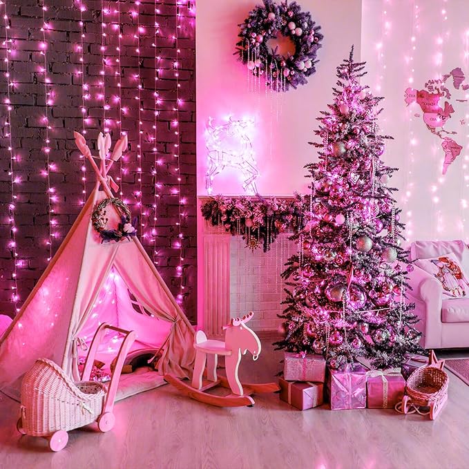 100 LED Pink String Lights, 33ft Pink Christmas Lights Outdoor 8 Modes Clear Wire, Plug in Waterproof Twinkle Fairy Lights for Bedroom Indoor Wedding Christmas Decorations