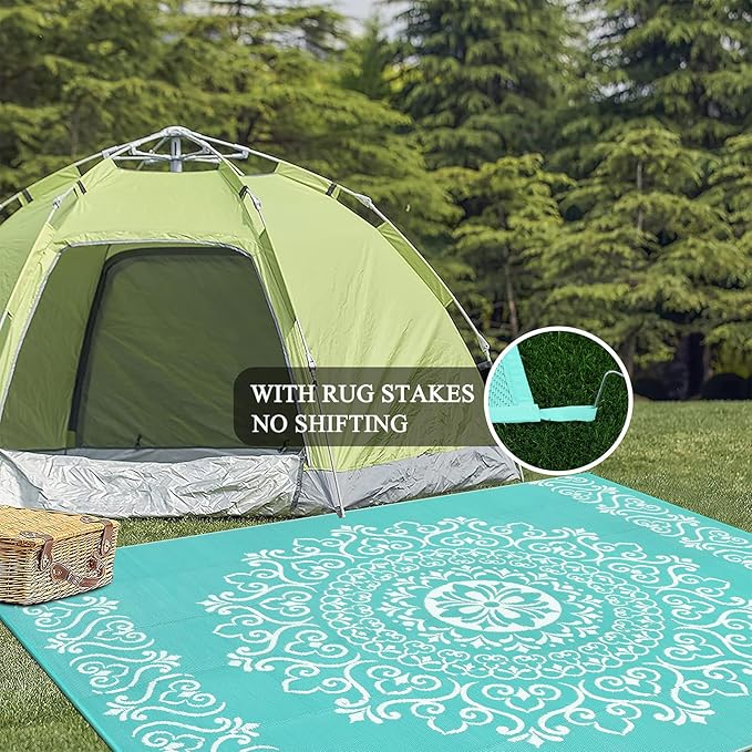 Pauwer Waterproof Outdoor Rug 8x10, Reversible Plastic Straw Patio Camping Rug, Indoor Outdoor RV Mat Carpet for Deck, Camper, Porch, Balcony, Backyard, Picnic, Floral Light Blue