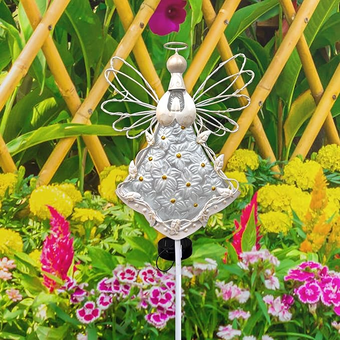 38Inch Angel Solar Lights Outdoor Decorative-Metal&Glass Angel Hydrangea Flower Garden Stake Lawn Light- Waterproof 30 Warm White LED for Remembrance Gifts & Sympathy Gifts(White)