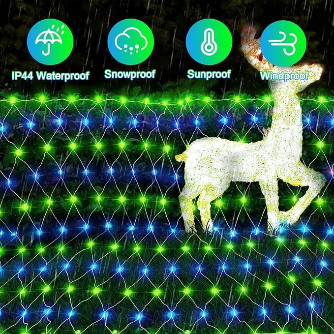 200 LED Christmas Net Lights Outdoor Decorations 3M*2M Mesh Lights Fairy String Lights Plug in with Timer 8 Modes Waterproof for Outside Bush Window Wall Patio Fence Party Decor-Blue and Green