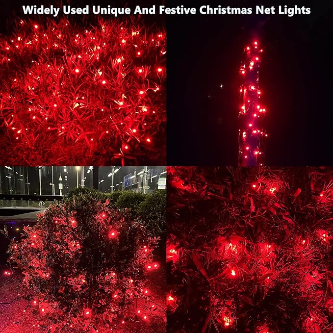 HISHINY LED Red Christmas Net Lights Outdoor,5ftx5ft 100LED Green Wire, Connectable Indoor Outdoor Bush Mesh Net Lights String for Halloween Christmas Party,Shrub,Yard,Tree（Red）
