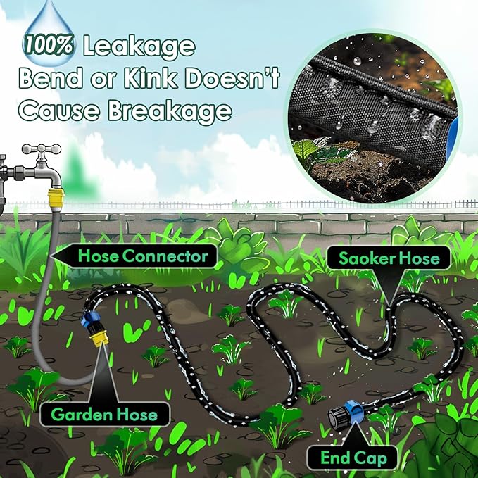 IPOW Heavy Duty Double Layer Design Saves 80% Water Leak Proof Soaker Hose, Drip Watering Hose for Garden, Lawn, Flower Bed, Vegetable Field (25 FT)