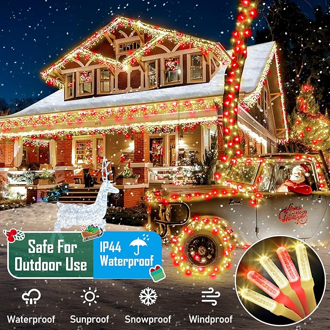 Heceltt 1140 LED 449 FT String Lights Outdoor, 8 Modes Christmas Lights Plug in, IP44 Waterproof Led String Lights with Timer and Memory for Xmas Yard Party Decorations (Red and Warm White)